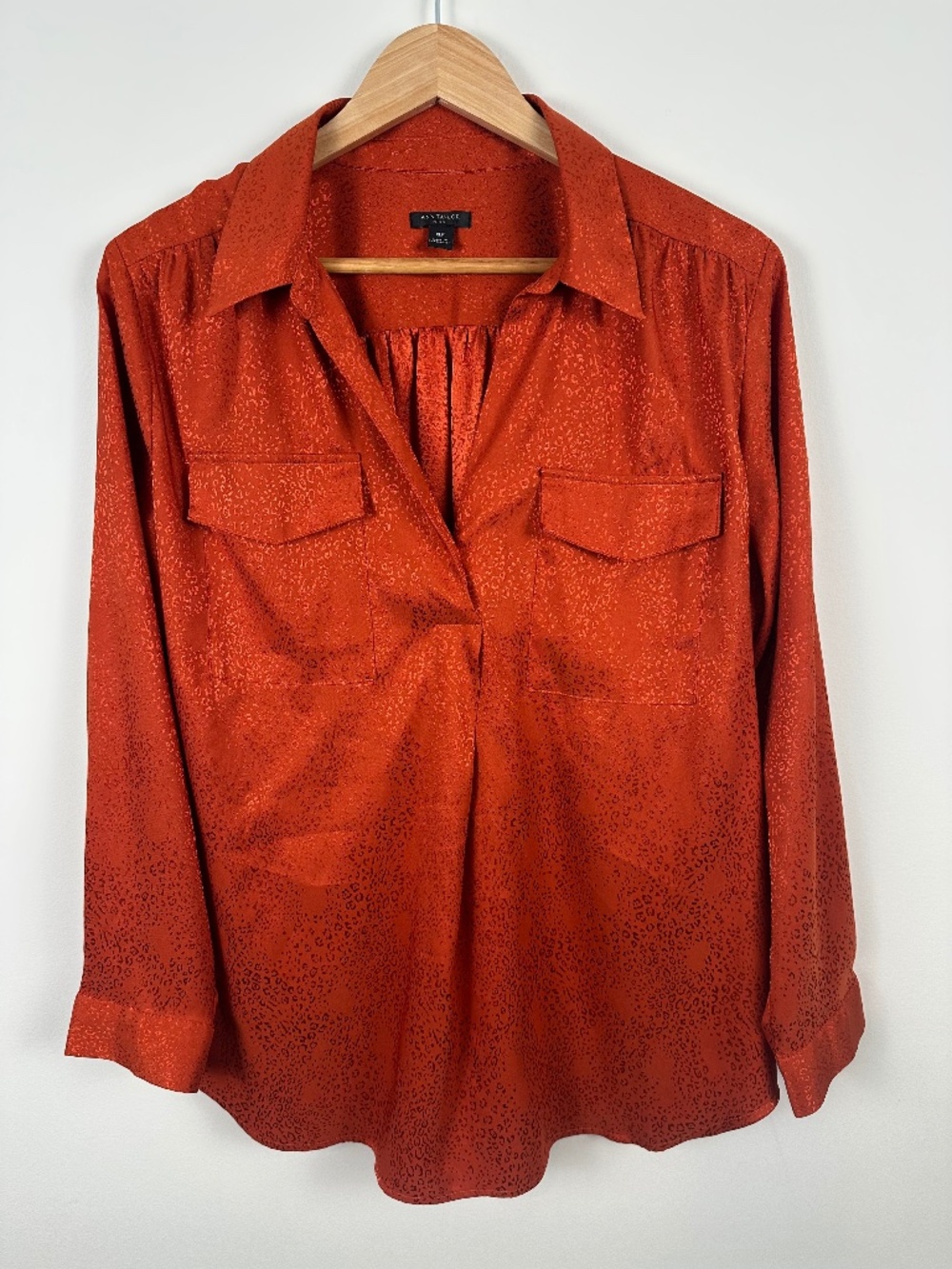 Ann Taylor Petite Rust Orange Leopard Satin Utility Blouse Top XLP Fall